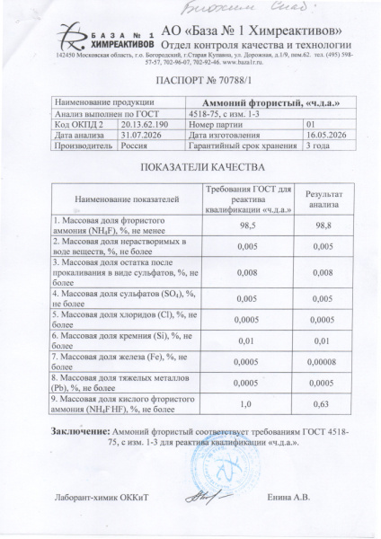 аммоний фтористый